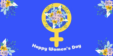 Plantilla de diseño de Saludo del día de la mujer con signo femenino en flores Twitter 
