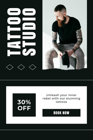 Designvorlage Kunst und farbenfrohes Tattoo-Studio mit Rabattangebot für Pinterest