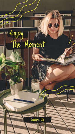 Szablon projektu Inspirational Phrase with Woman reading Magazines Instagram Story