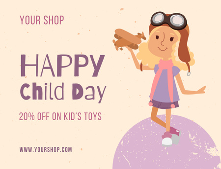 Discount on Toys on Children's Day with Girl with Airplane Postcard 4.2x5.5in Design Template