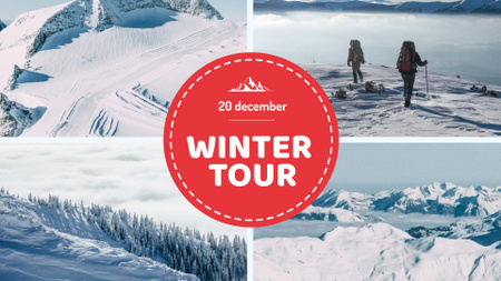 Winter Tour offer Hikers in Snowy Mountains FB event cover Modelo de Design