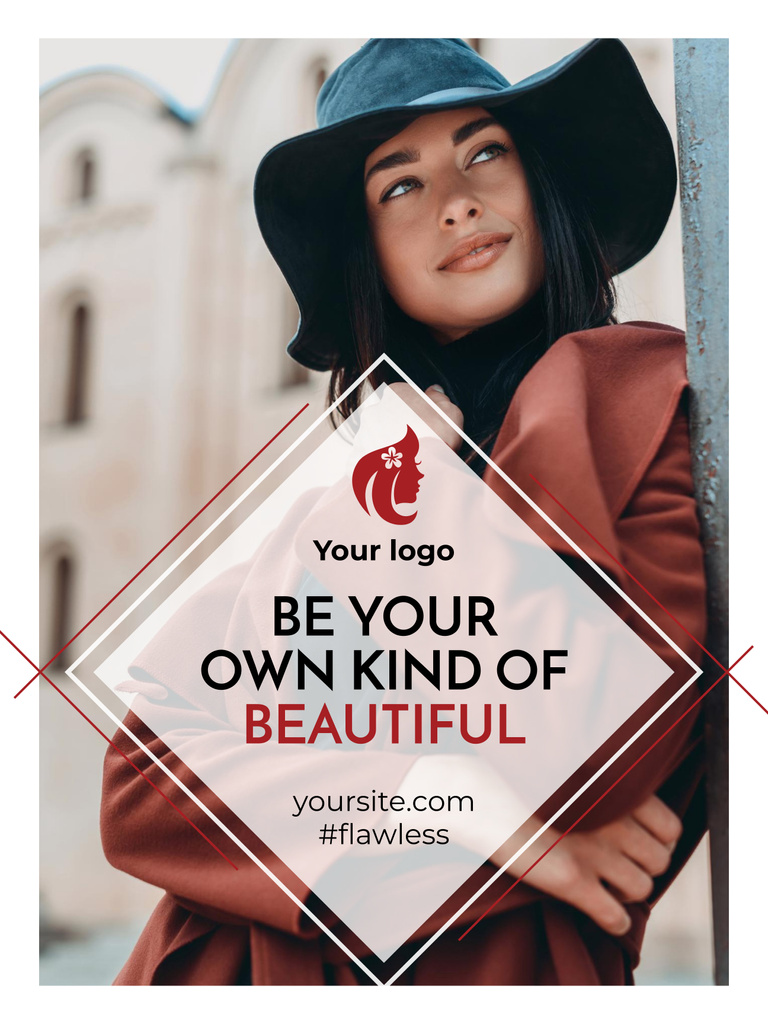 Words About Beauty with Young Woman in Hat Poster 36x48in Design Template