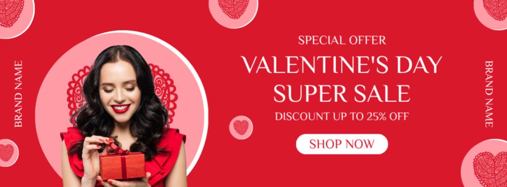 Valentine's Day Super Sale with Brunette in Red Outfit Facebook cover tervezősablon
