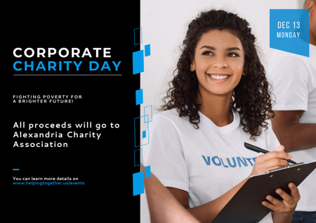 Corporate Charity Day Announcement with Smiling Young Female Volunteer Flyer A5 Horizontal tervezősablon