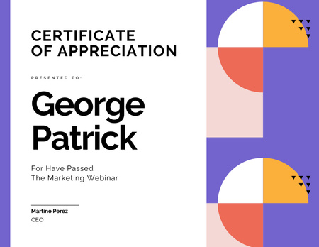 Agradecimento pela aprovação no Webinar de marketing Certificate Modelo de Design