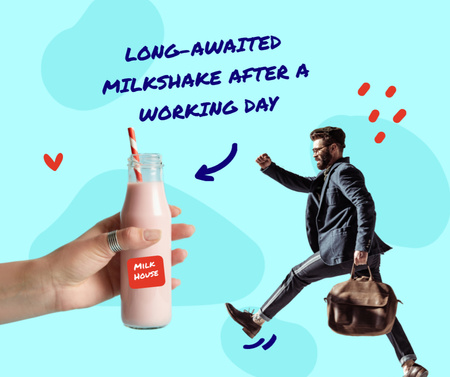 Funny Illustration of Businessman walking to Milk Bottle Facebook Design Template