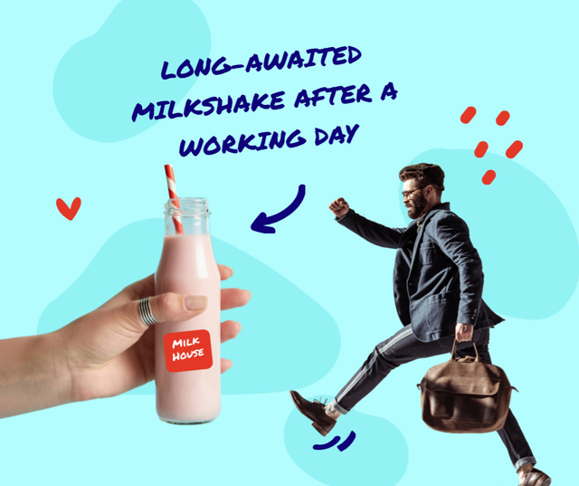 Funny Illustration of Businessman walking to Milk Bottle Facebookデザインテンプレート