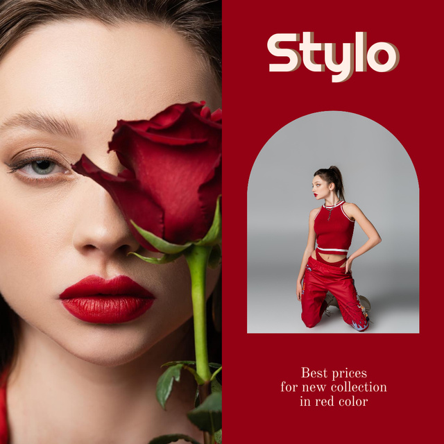 Designvorlage Bright Woman with Red Lips and Rose für Instagram