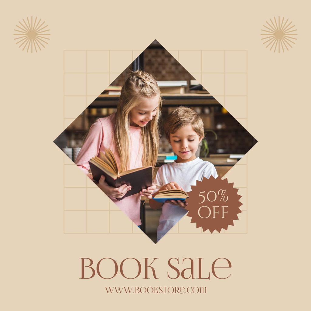 Book Sale Announcement with Children Reading Instagram tervezősablon