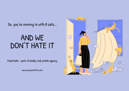 Plantilla de diseño de Real Estate Ad with Cute Girl and Cats Poster A2 Horizontal 