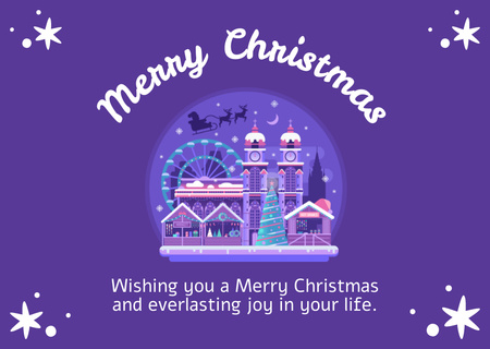 Christmas Wishes with Winter Town in Violet Postcard Design Template