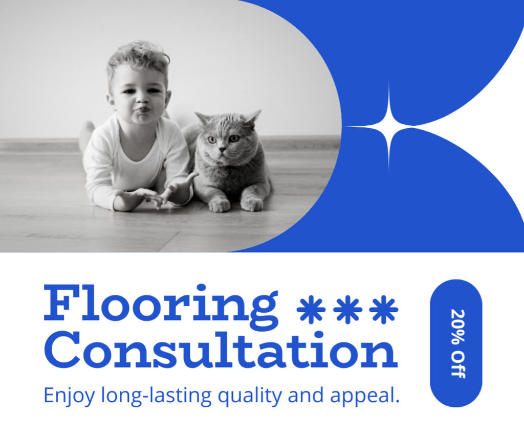 Flooring Consultation Ad with Cute Baby and Cat on Floor Facebook Modelo de Design