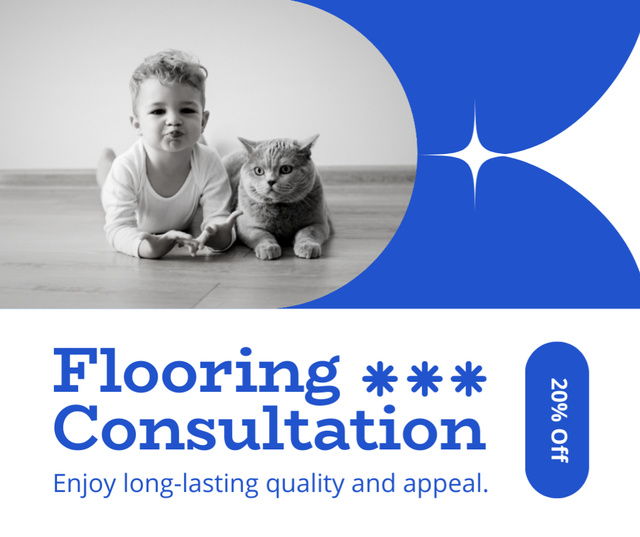 Flooring Consultation Ad with Cute Baby and Cat on Floor Facebook Tasarım Şablonu