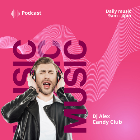 Music Album Announcement with Young Guy in Headphones Podcast Cover Tasarım Şablonu