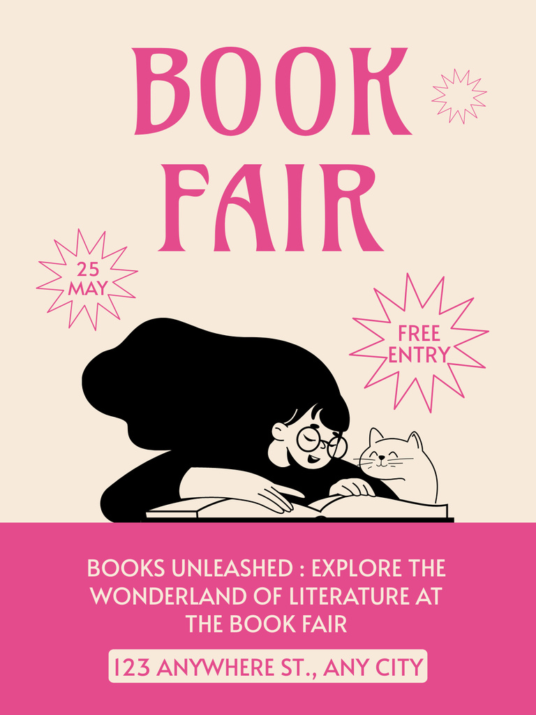 Pink Ad of Free Entry to Book Fair Poster US Design Template