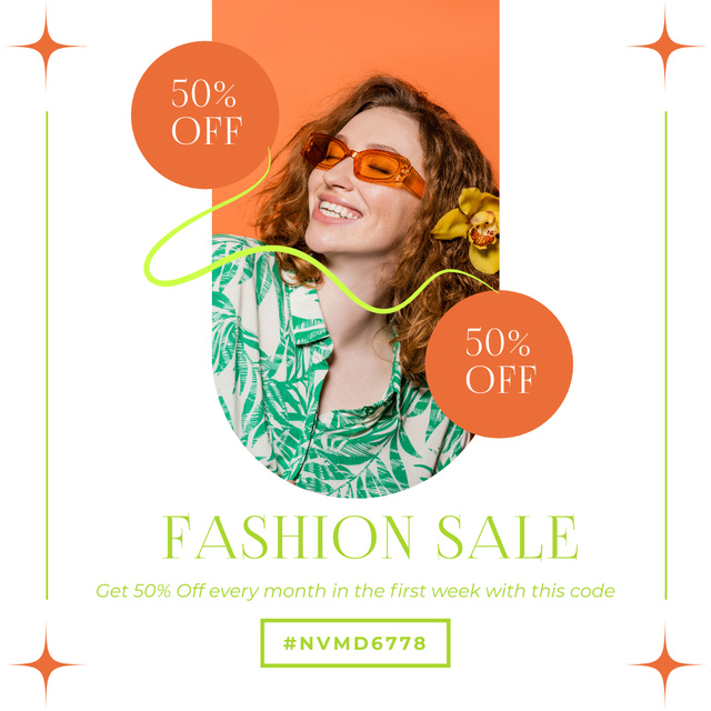 Fashion Sale Ad with Woman in Bright Sunglasses Instagram AD tervezősablon