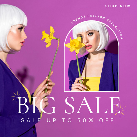 Big Fashion Sale Ad with Woman holding Narcissus Flower Instagram Design Template