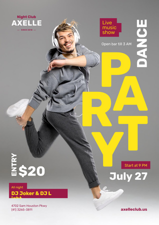 Party Invitation with Man in Headphones Jumping in Grey Poster Tasarım Şablonu