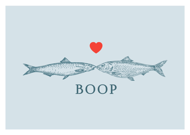 Illustrated Fishes Kissing In Blue Postcard 5x7in Design Template