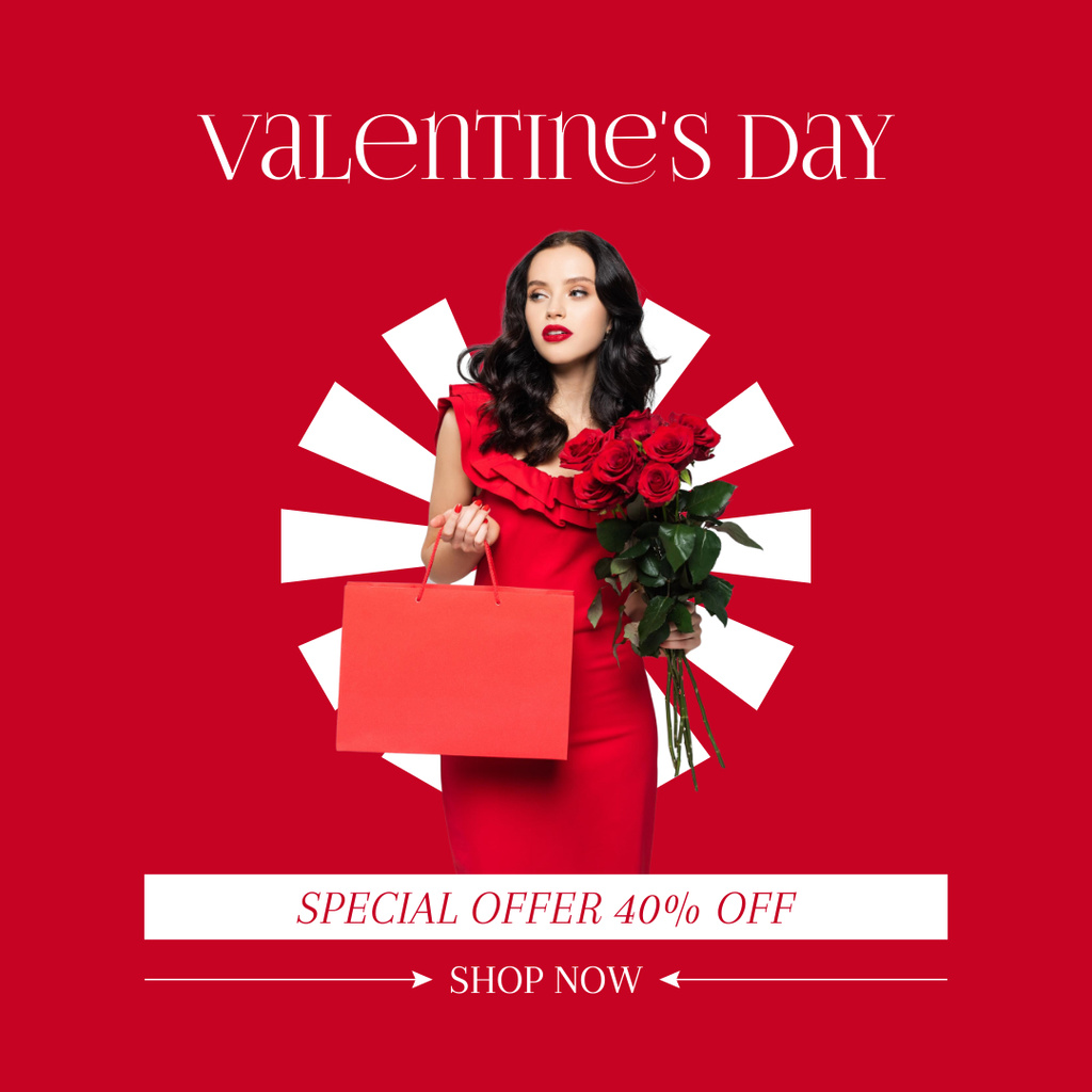 Valentine's Day Sale Announcement with Brunette in Red Outfit with Bag Instagram AD Modelo de Design