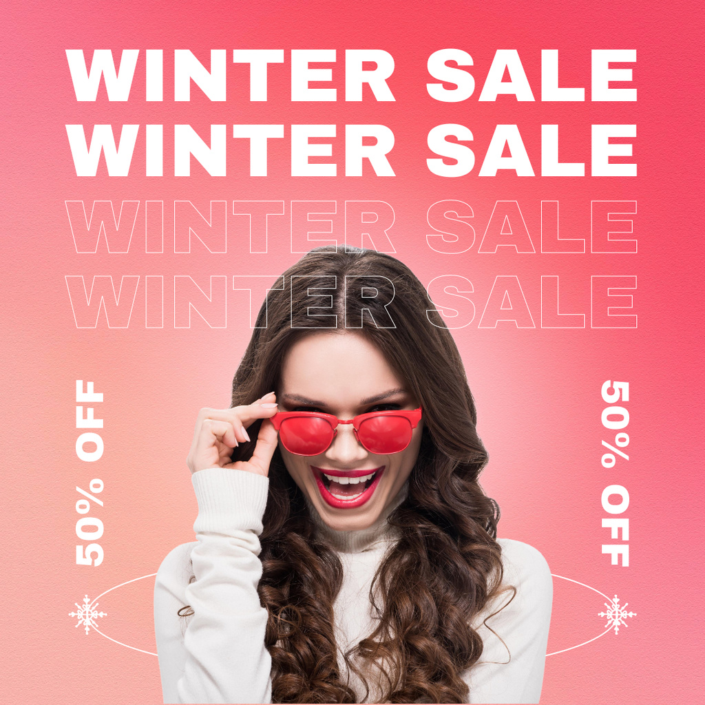 Winter Sale Announcement with Attractive Brunette in Pink Glasses Instagram Tasarım Şablonu
