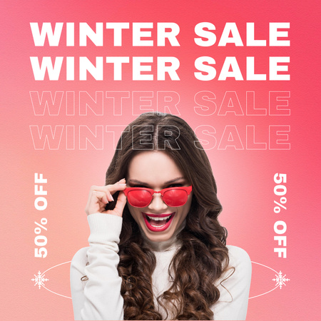 Winter Sale Announcement with Attractive Brunette in Pink Glasses Instagram Design Template