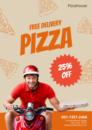 Plantilla de diseño de Mensajero alegre en scooter ofrece pizza Poster 