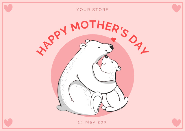 Mother's Day Holiday Greeting with Mama and Kid Bears Card Tasarım Şablonu