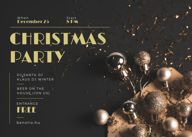Designvorlage Merry Christmas Party Announcement With Shiny Baubles für Flyer 5x7in Horizontal