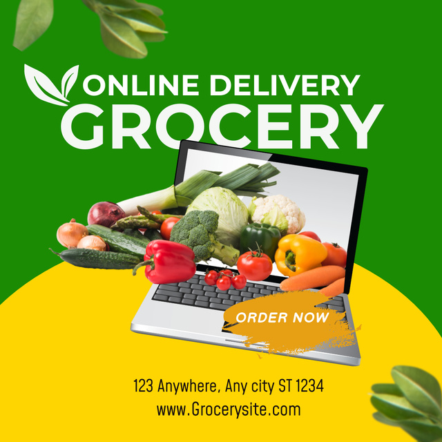 Online Food Delivery With Laptop Promotion Instagramデザインテンプレート