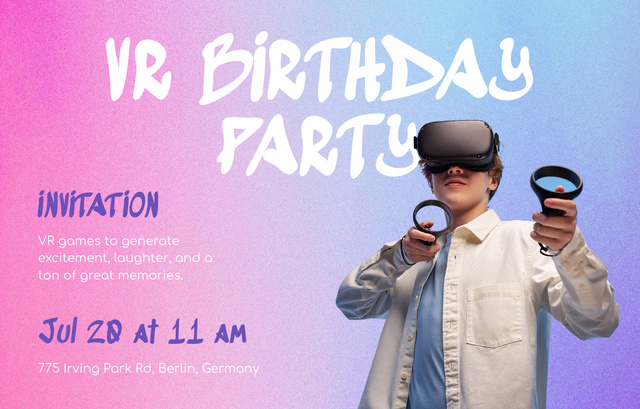 Virtual Birthday Party and Games Announcement Invitation 4.6x7.2in Horizontal Design Template
