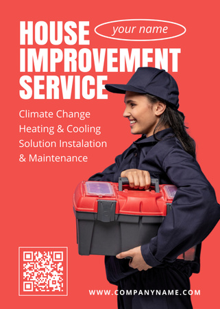 Platilla de diseño House Improvement Services with Female Worker on Red Flayer