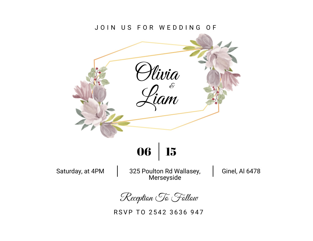 Beautiful Floral Illustrated Wedding Invitation 13.9x10.7cm Horizontalデザインテンプレート