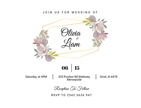 Beautiful Floral Illustrated Wedding Invitation 13.9x10.7cm Horizontal Design Template