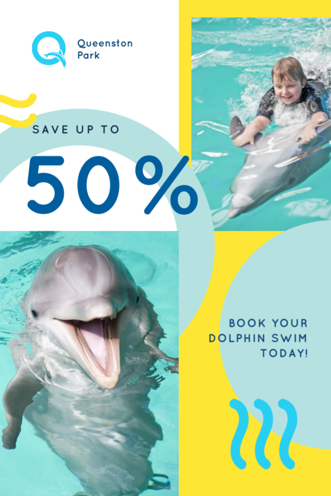Swim with Dolphin Offer with Happy Kid Flyer 4x6in Design Template