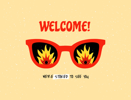 Modèle de visuel Phrase de bienvenue avec des lunettes de soleil et des verres de feu - Postcard 4.2x5.5in