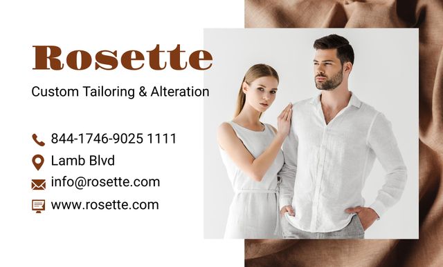 Custom Tailoring Services Ad with Couple in White Clothes Business Card 91x55mm Design Template