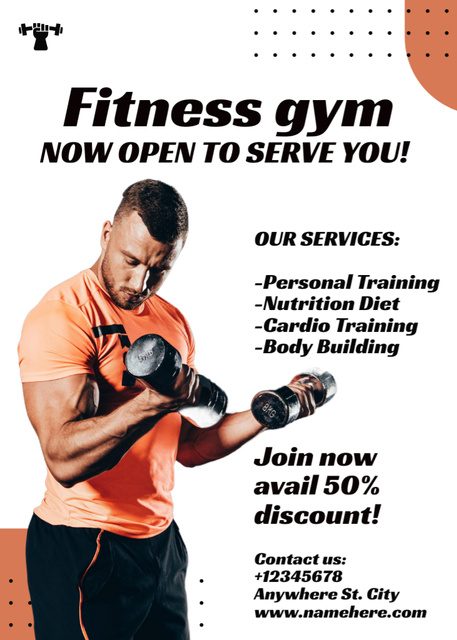 Plantilla de diseño de Fitness Gym Ad with Bodybuilder Exercising Biceps Flayer 