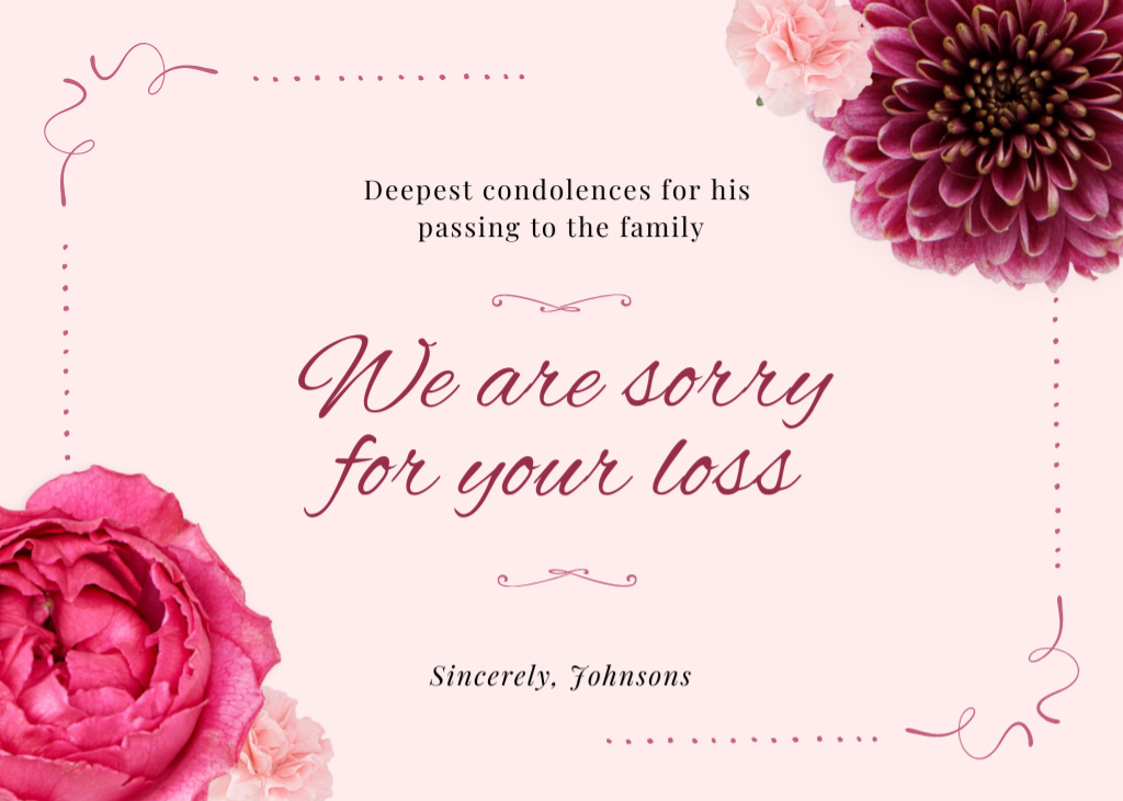Ontwerpsjabloon van Postcard 5x7in van Deepest Condolences with Beautiful Pink Flowers