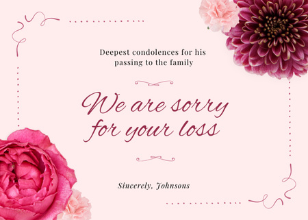 Deepest Condolences with Beautiful Pink Flowers Postcard 5x7in Design Template