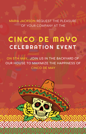 Cinco de Mayo Celebration Announcement with Skull in Sombrero Invitation 5.5x8.5in Design Template