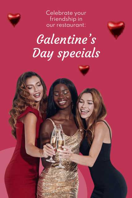 Happy Smiling Young Women Celebrating Galentine's Day Postcard 4x6in Vertical Design Template