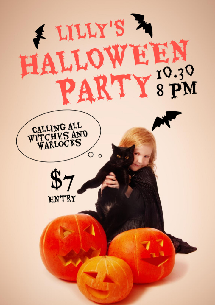 Halloween Party with Child and Cute Cat Flyer A5 Design Template
