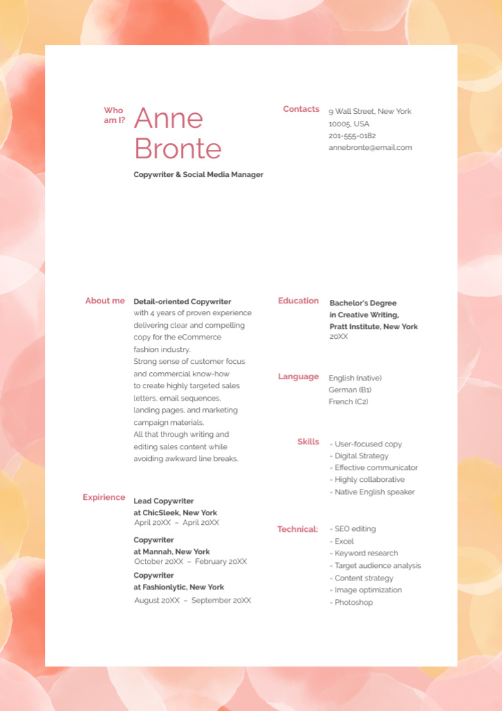 Template di design Copywriter Skills and Experience In Short Form Resume
