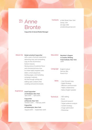 Copywriter Skills and Experience In Short Form Resume Design Template
