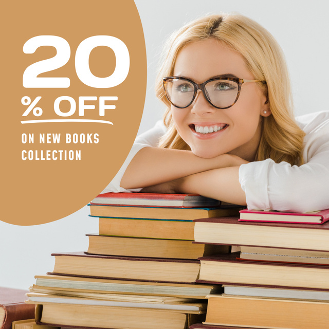 Template di design Good Prices on Books Sale Announcement with Smiling Woman Instagram