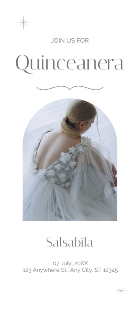 Young Womanhood Celebration Announcement with Girl in White Dress Invitation 9.5x21cm tervezősablon