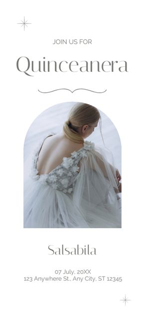 Designvorlage Young Womanhood Celebration Announcement with Girl in White Dress für Invitation 9.5x21cm
