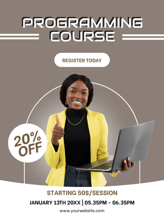 Anúncio de curso de programação com mulher sorridente segurando laptop Poster US Modelo de Design