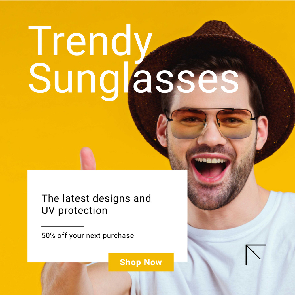Plantilla de diseño de Trendy Sunglasses Ad with Smiling Young Guy Instagram AD 